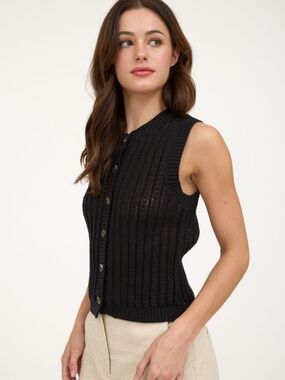 Blu Pepper Casual Cottagecore Sleeveless Black Knit Button-Front Sweater Vest